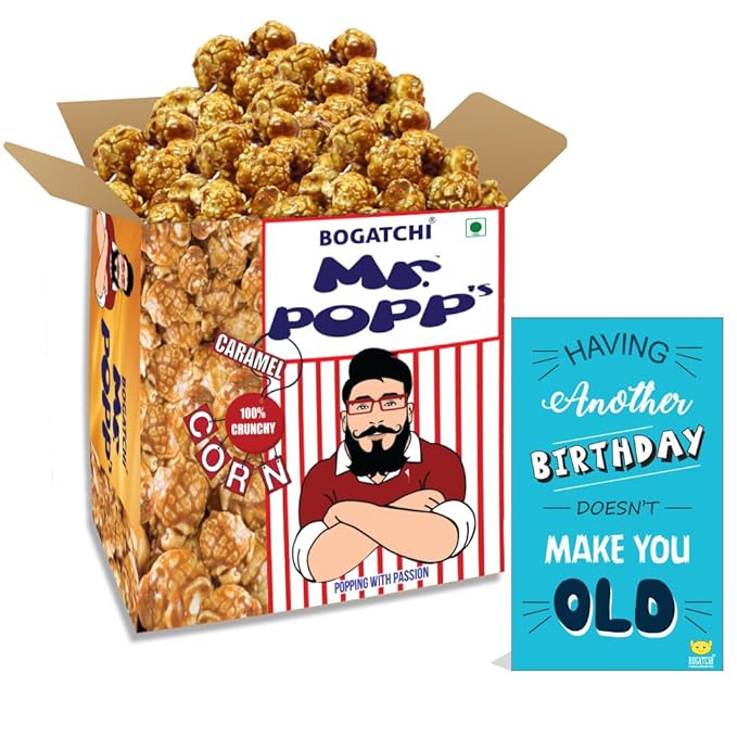 BOGATCHI Mr.POPP's Caramel Popcorn, 100% Crunchy HandCrafted Gourmet Popcorn Snacks | NO Microwave needed | Best Movie / TV Time Snack, Best Birthday Gift for Wife, 250g + FREE Happy Birthday Greeting Card