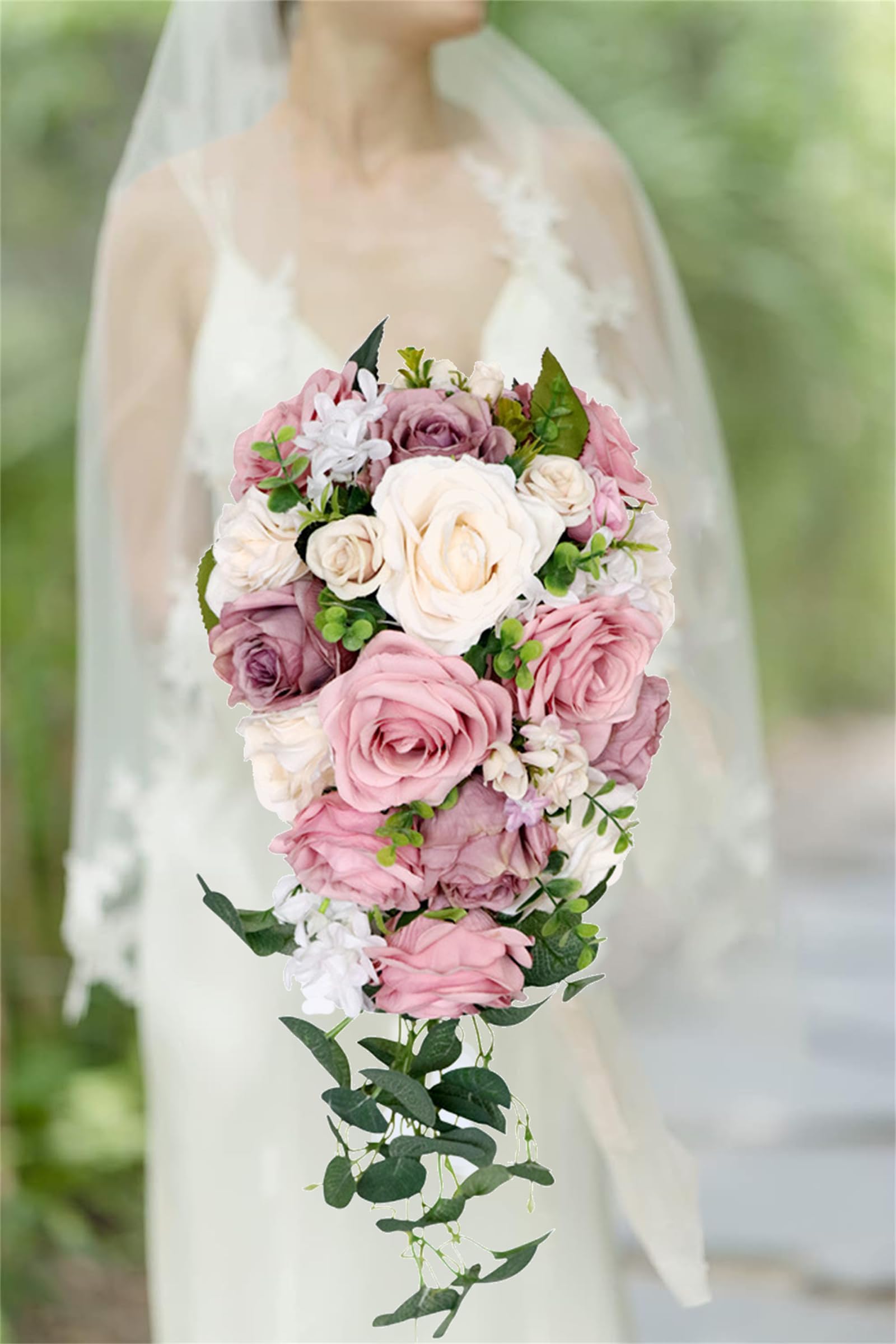 CVJdfhRE bridal bouquet， 8.7 Inch Dusty Pink, Waterfall Artificial Champagne Roses Bridal Bouquets Wedding Flowers