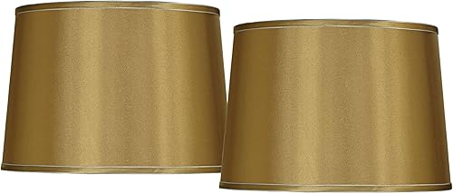 Juego de 2 pantallas de lámpara de tambor dorado satinado grande de 14 pulgadas superior x 16 pulgadas inferior x 11 pulgadas de alto araña con arpa