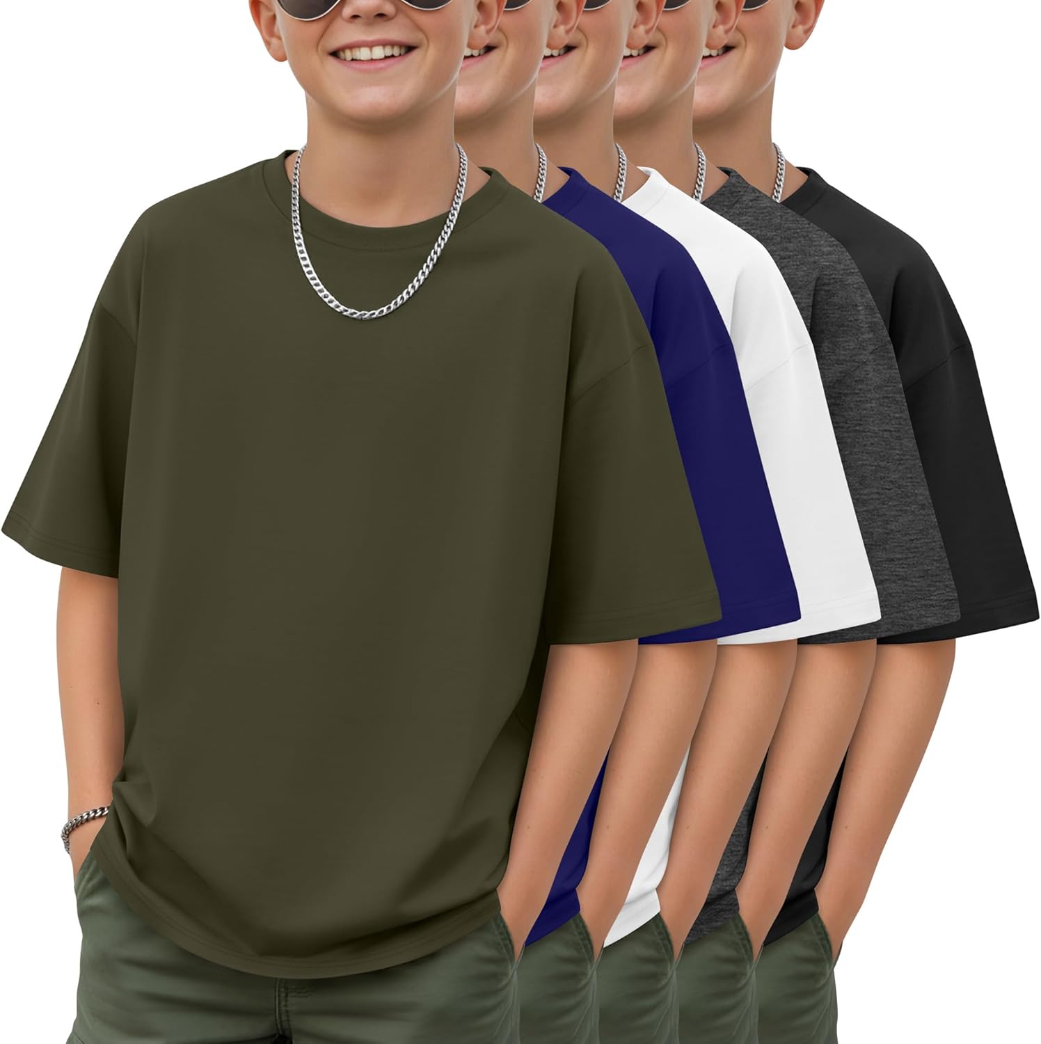 Oakgarden 5 Pack Boys Oversized Shirts Loose Fit Plain Short Sleeve Crewneck Tops Baggy Casual Basic Tees for Kids 5-14 Years