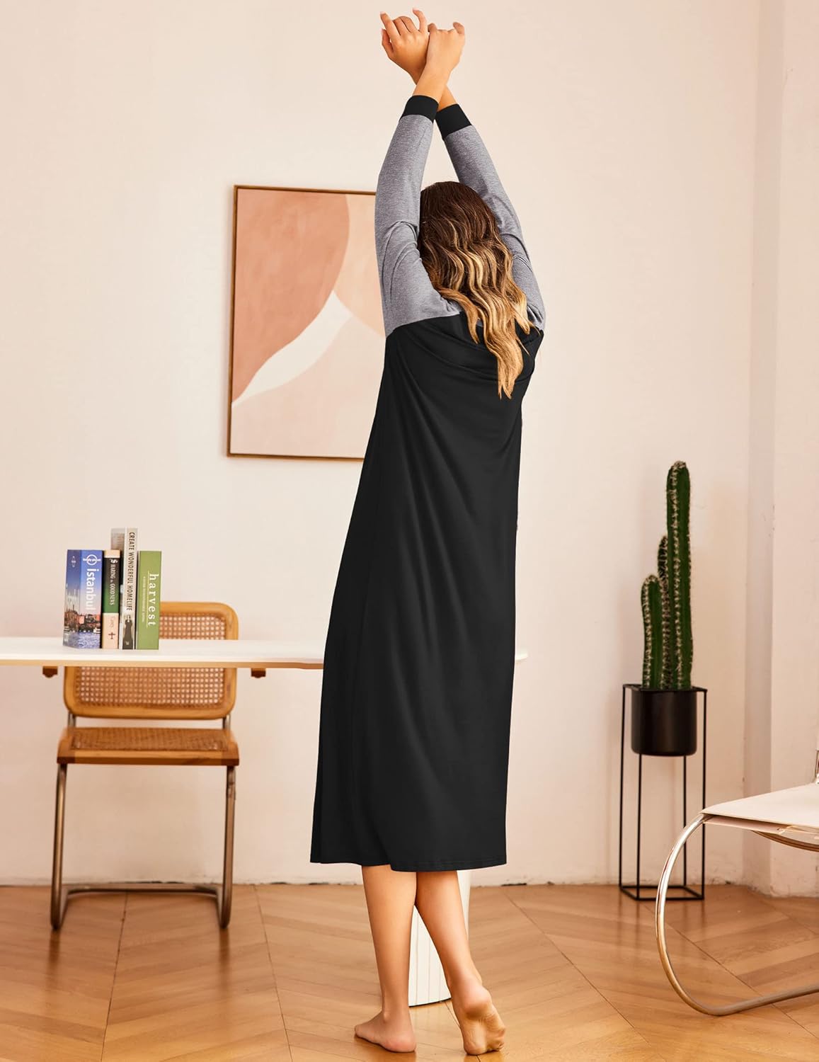 Ekouaer Nightgown Long Sleeve for Women Sleepwear V Neck Loungewear Button Full Length Nightshirt - Image 3