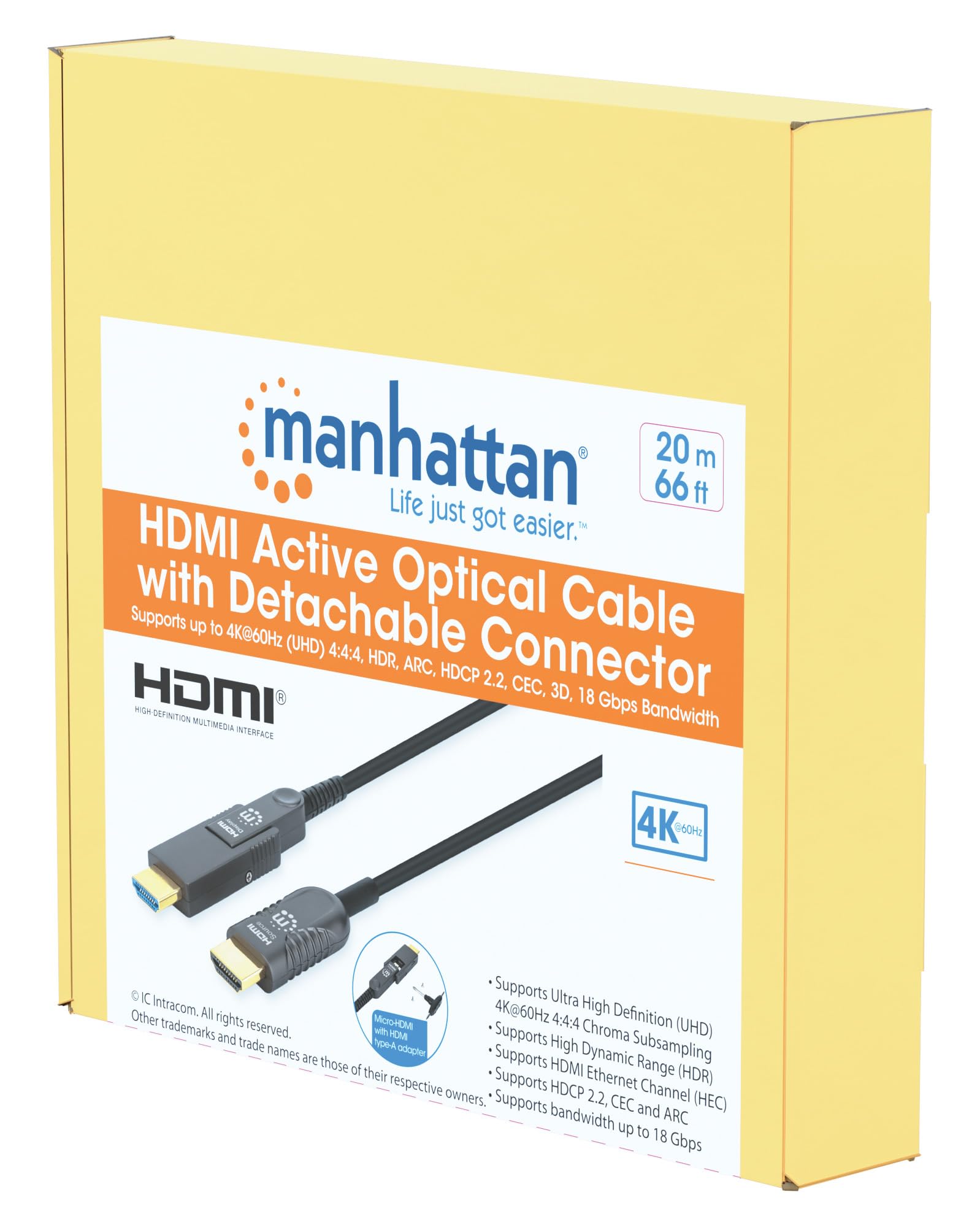 Manhattan Aktives Optisches High Speed HdmI-Glasfaserkabel Mit Abnehmbarem Stecker 4k@60hz Uhd, HdmI-Stecker Auf MicrO-HdmI-Stecker (typ D) Und Abneh