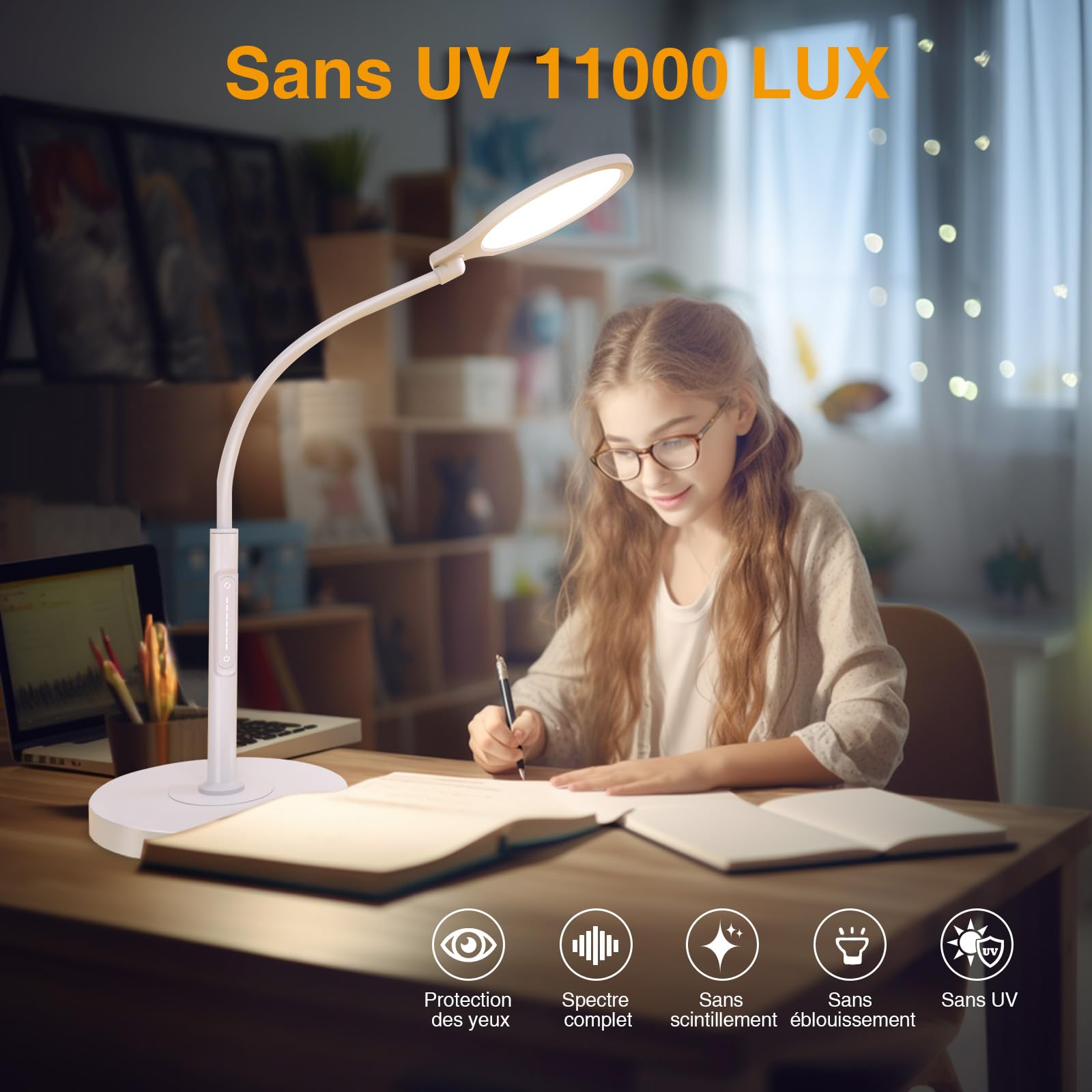 Lampes à lumière du jour Lampadaire, lampe à lumière du jour LED sans UV, 11000 Lux, 5 couleurs et 10 intensités réglables, Commande tactile avec télécommandes, Réguler les émotions, Travail et études