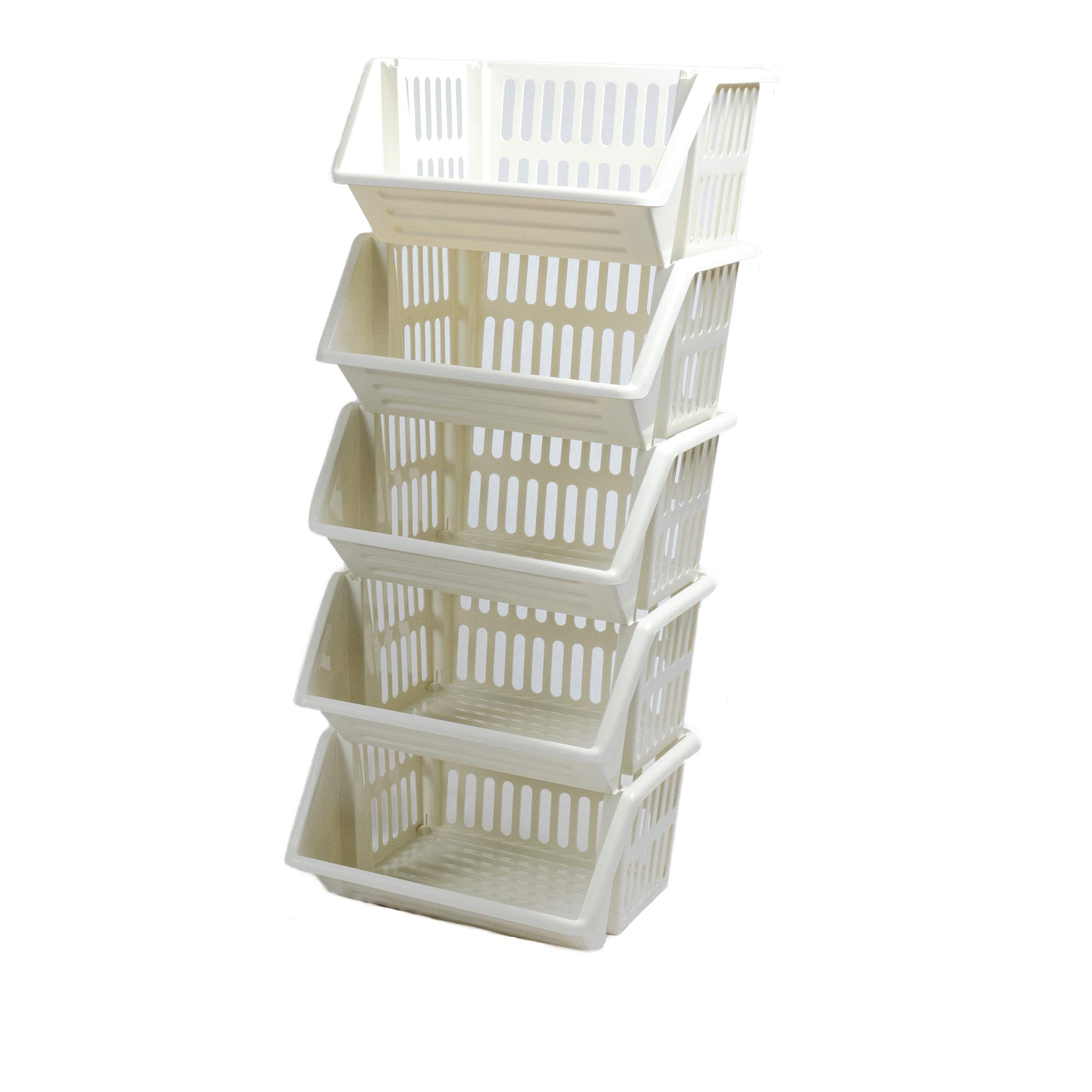 Large 5 Tier Stacking Baskets Storage Veg Rack Plastic Stackers, Black, Length 35.5 cm x Depth 30 cm x Height 17.5 cm (Cream)