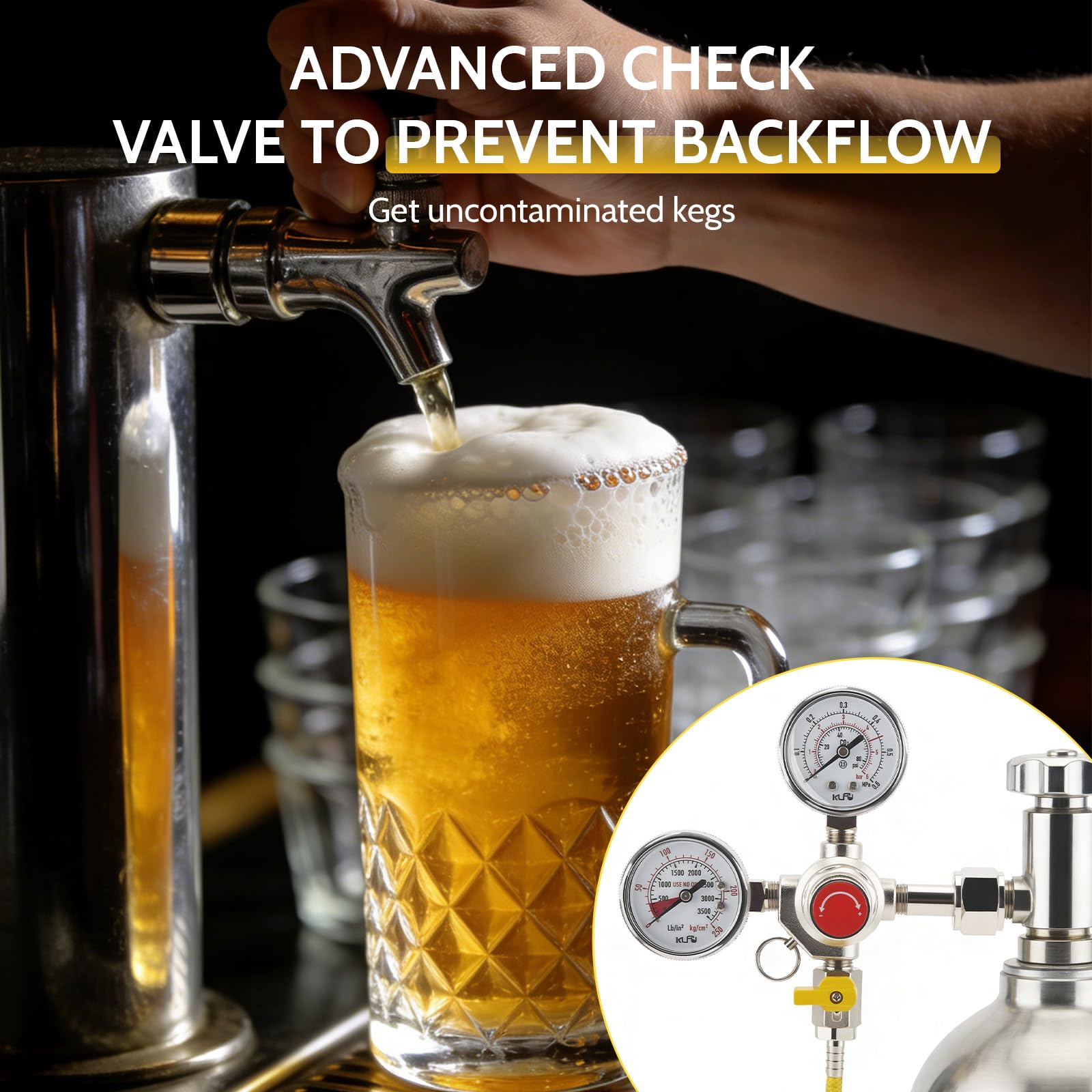 Détendeur de Pression CO2 pour Bière, Réducteur de Pression Gaz avec Double Manomètre, Raccord W21.8-14 & 3/4", Valve Anti-Retour, pour Distributeurs de Bière, Brassage de Bière, Tireuse à Bière