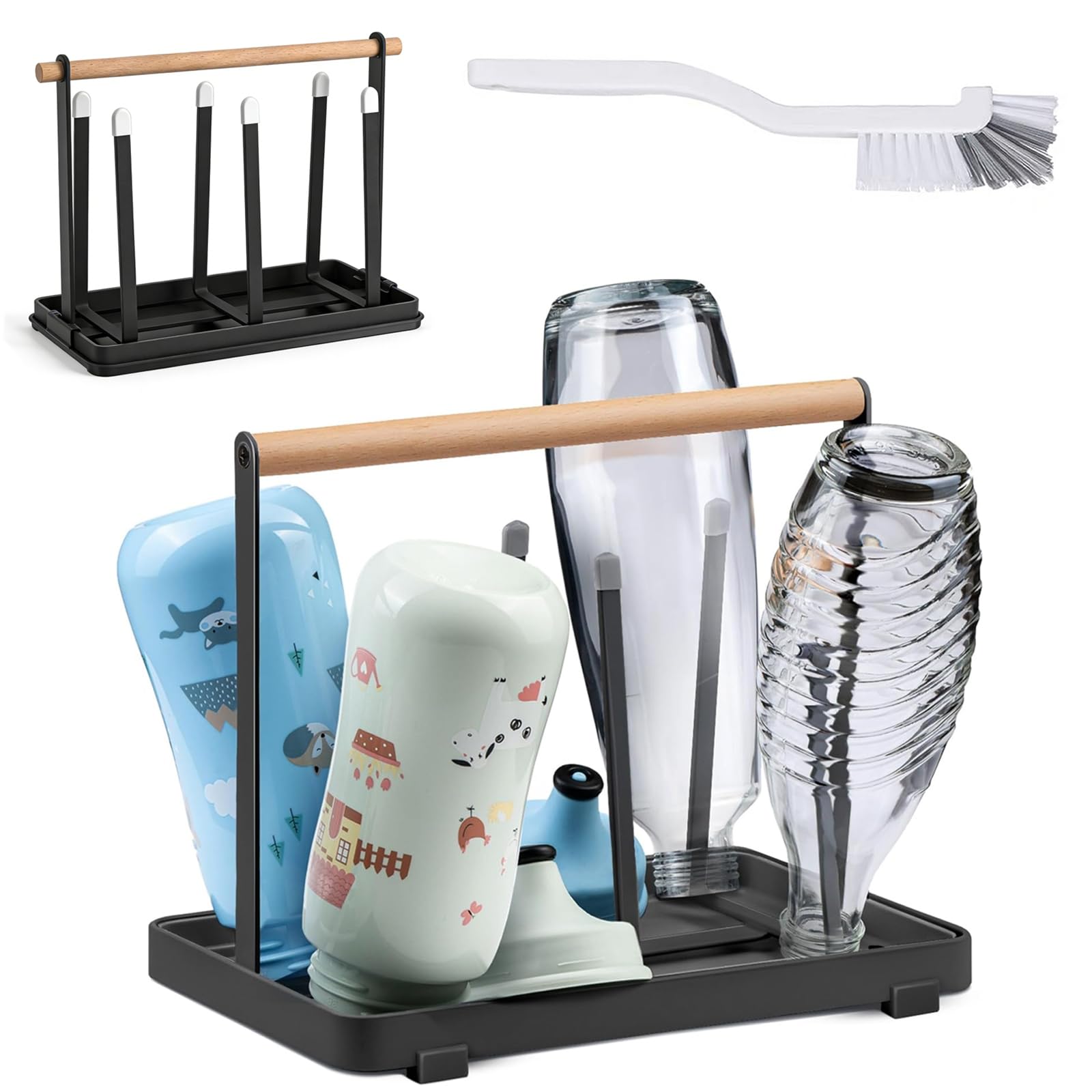 Escurre Biberones con Cepillo de Mango Largo, Secador y Escurridor de Botellas, Soporte para Botellas de Sodastream, Seca Biberones con Tapete de Drenaje Desmontable