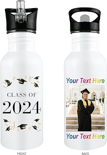 Graduación: Botella de vaso personalizada para clase de 2024 - Añade cualquier texto, foto y/o logotipo – Acero inoxidable de 20 oz con tapa con