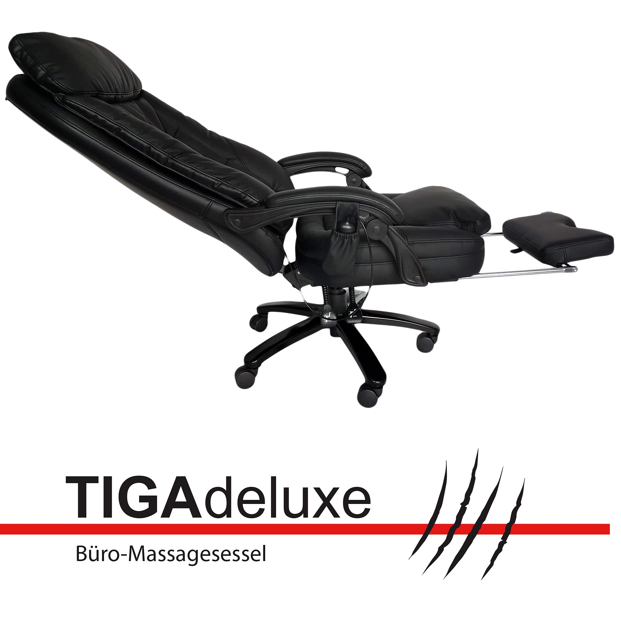 @tec Tiga Deluxe Chefsessel mit Massagefunktion und Wärme, Bürosessel mit kräftiger Shiatsu Massage, Bürostuhl gepolstert mit Rollen, Drehstuhl Kunstleder schwarz