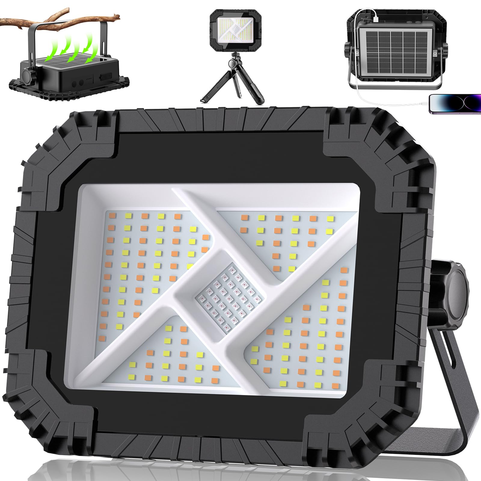 CLV Projecteur LED Rechargeable 200W, 20000mAh Projecteur LED Chantier Portable Solaire & Batterie Rechargeable 4 Modes 2 Luminosité Projecteur Magnetique Lampe de Travail IP66 étanche pour Camping