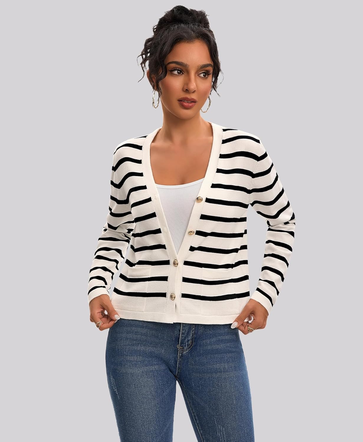Women's Striped Cardigan Sweaters - Long Sleeve Button Down V Neck Knit Cardigans Classic Casual Tops for Women - Image 5