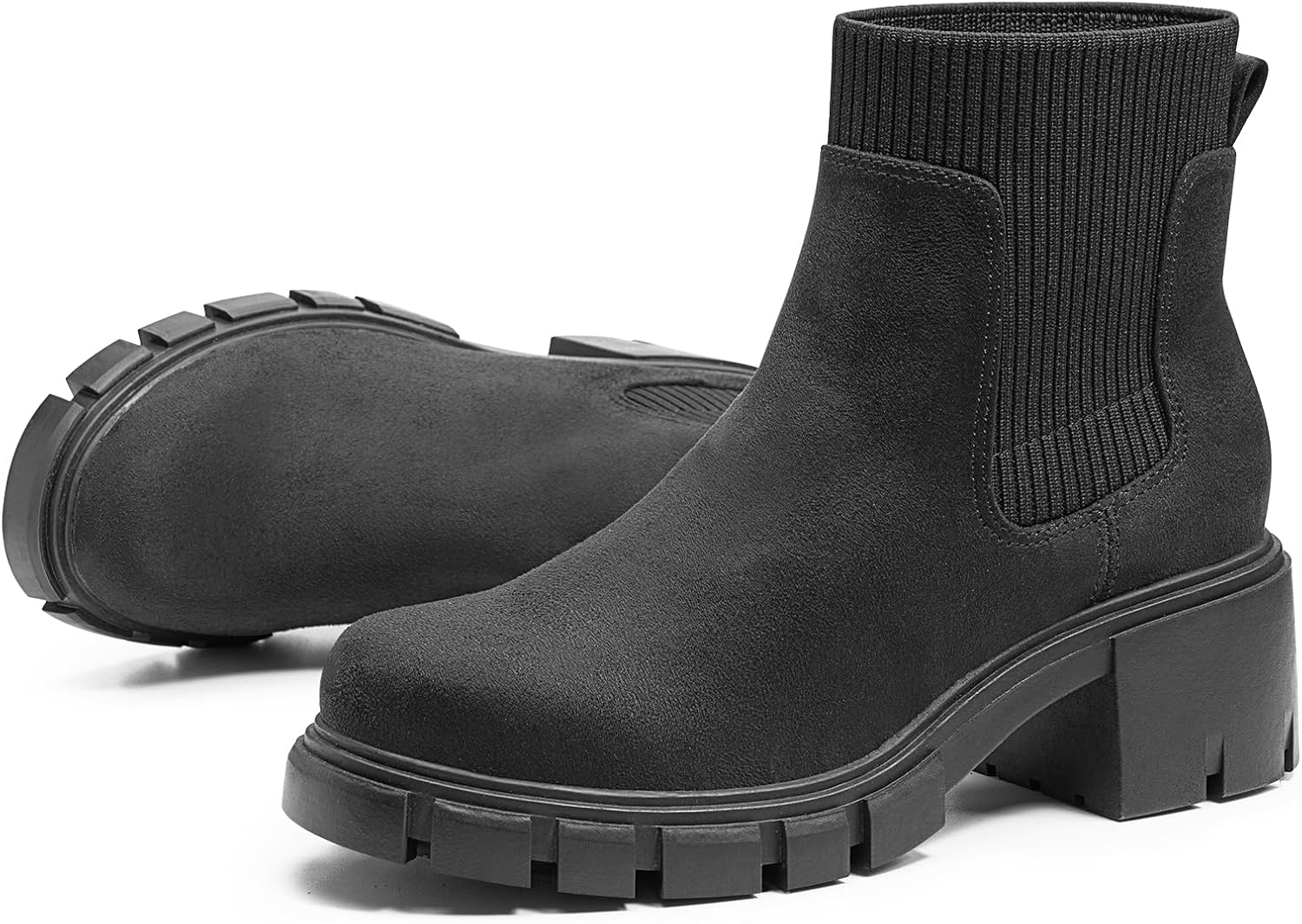 FITORY Women's Ankle Boots Comfy Chelsea Mid Heel Elastic Chunky Heel Lug Sole Booties Size 6-11