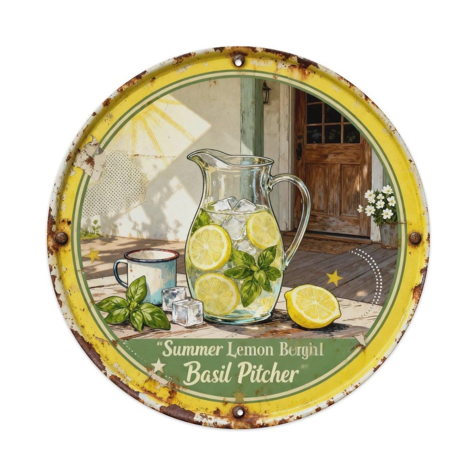 Summer Lemon Basil Pitcher Metal Tin Sign Plaque