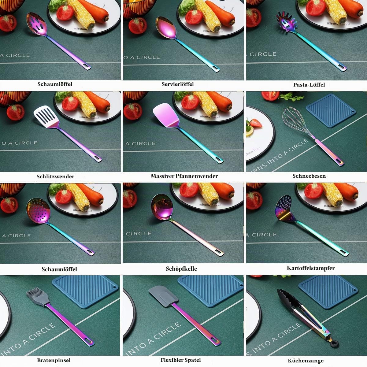 HOMQUEN Regenbogen Küchenutensilien Set, 13 Stück Edelstahl Kochutensilien Set mit Titan Regenbogenbeschichtung, Küchengeräte Set mit Utensilienhalter für Antihaft-Kochgeschirr (13 Packungen)