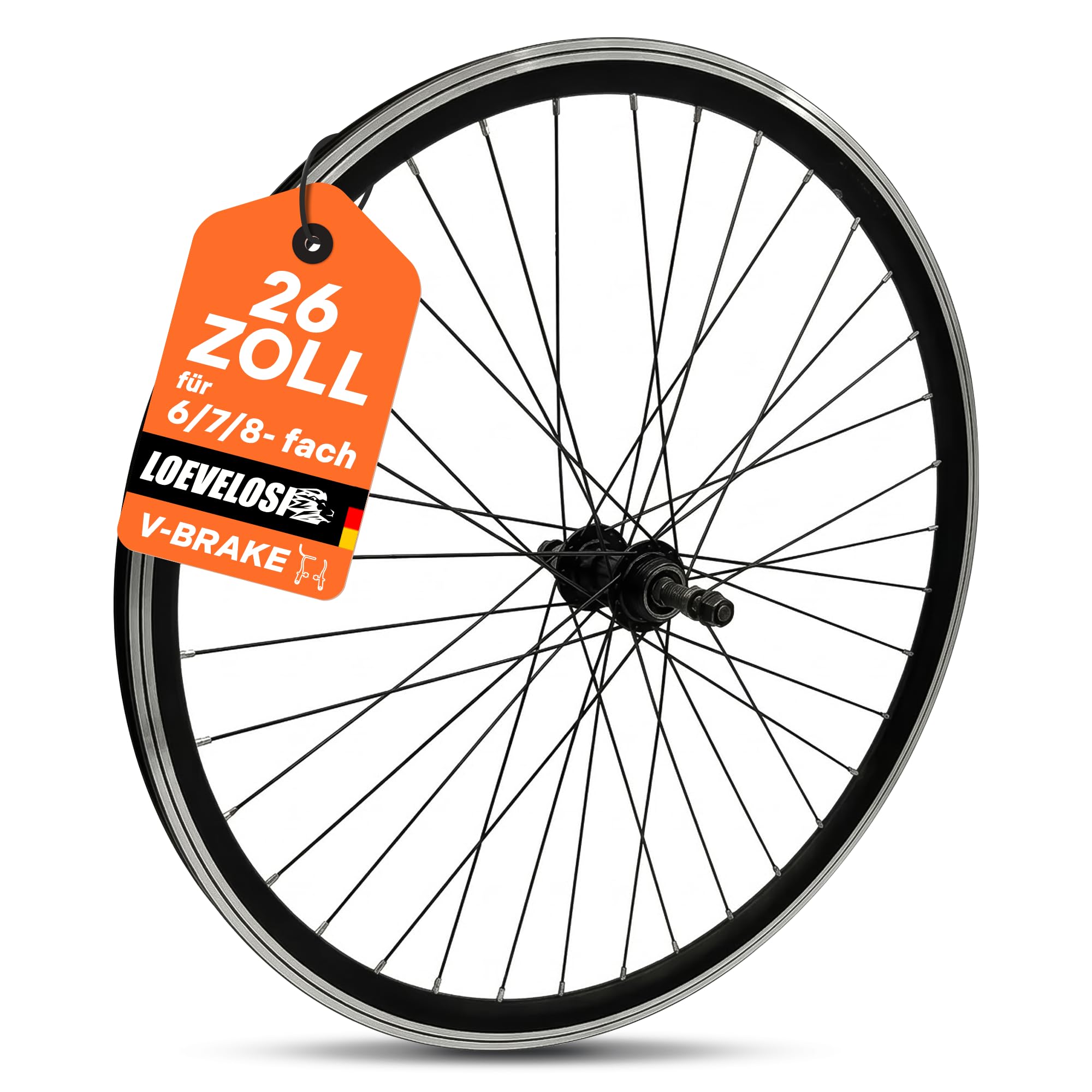 Roue arrière de VTT 26 pouces - Couronne à vis 6/7/8 vitesses - Axe complet de 135 mm - Frein sur jante V-Brake - Jante creuse en aluminium - 36 rayons - Noir - Roue arrière pour VTT