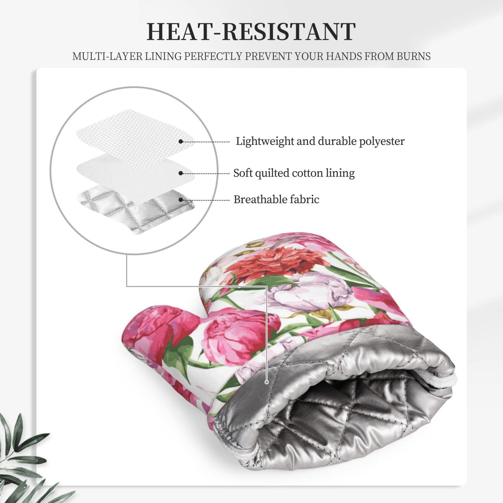 Peonía de jardín,Juego de 4 Manoplas y agarraderas para Horno, Guantes de Cocina Antideslizantes y Resistentes al Calor.
