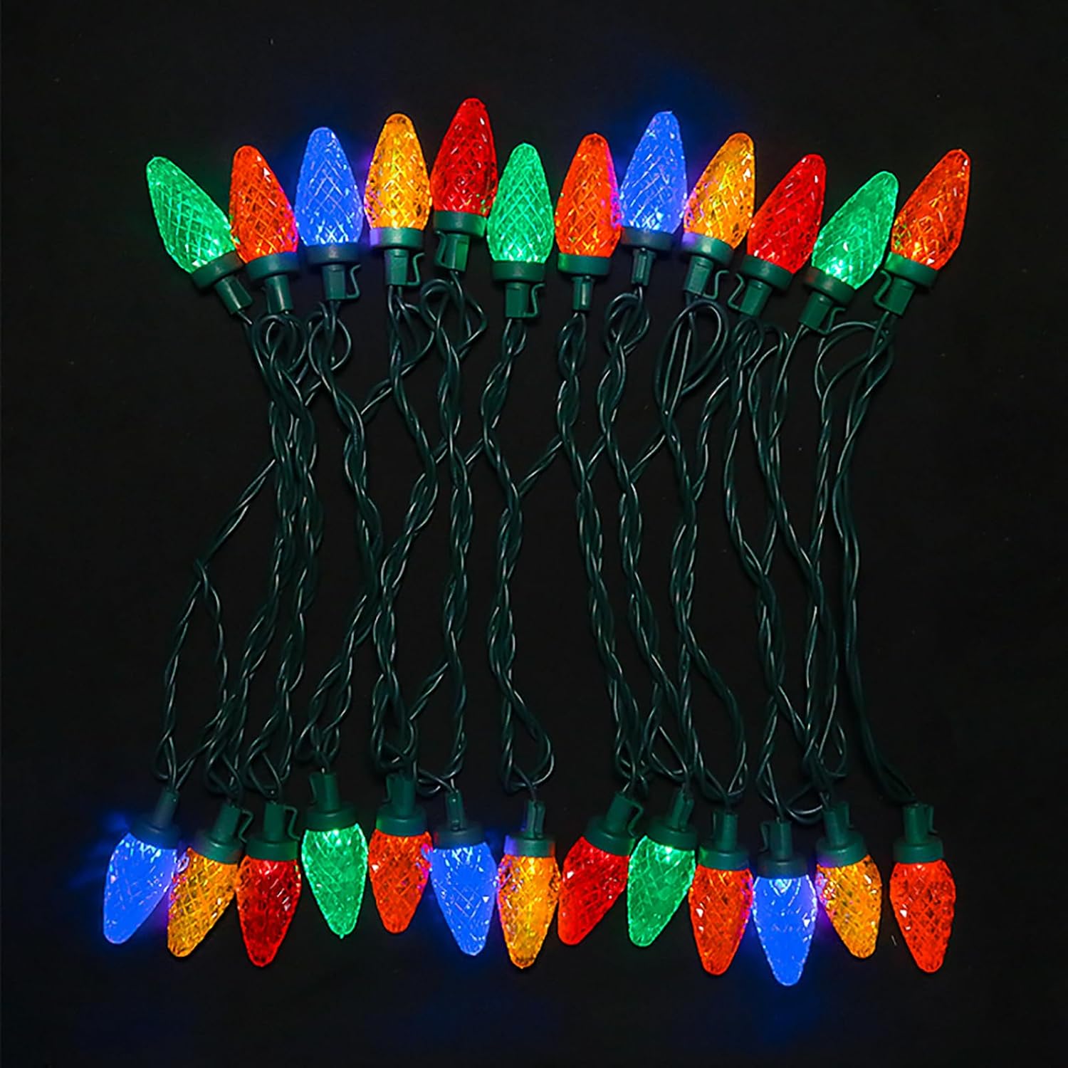 MULTI-SPARKING C9 Christmas String Lights Outdoor - 25 Count Faceted Christmas Lights LED Strawberry String Lights for Christmas Tree, Eave, Pathway, Garden, 16 Feet Green Wire Multicolor