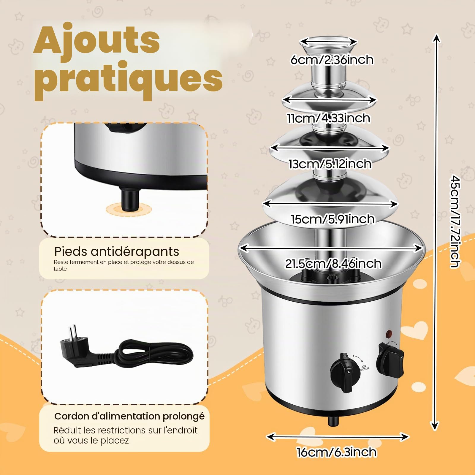 Fontaine à chocolat électrique en acier inoxydable à 4 niveaux 170 W 1,8 l pour les remises de diplômes, Halloween, Noël