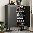 Rattan Shoe Cabinet, 5-Tier Shoe Storage Cabinet with Doors, 2 Adjustable Shelves and Heavy Duty Metal Legs, Farmhouse Shoes Organizer for Entryway Hallway Living Room, Black