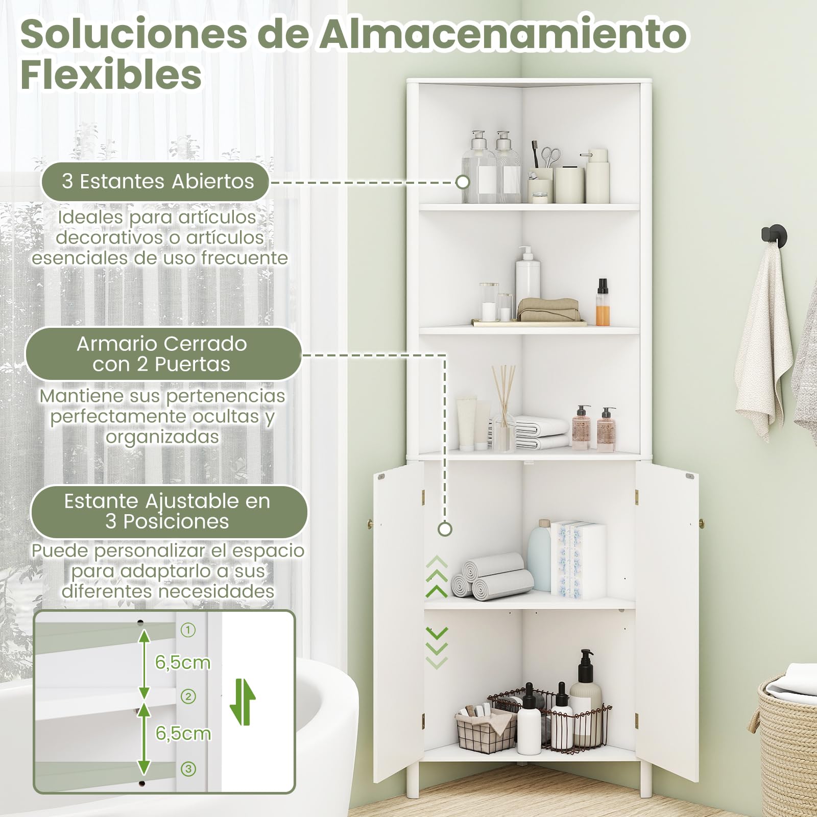 GOPLUS Armario Alto Esquinero, Armario de Esquina con 3 Estantes Abiertos y 2 Puertas Acanaladas, Mueble de Almacenamiento con Estante Ajustable para Baño, Sala de Estar, Dormitorio, Cocina (Blanco)