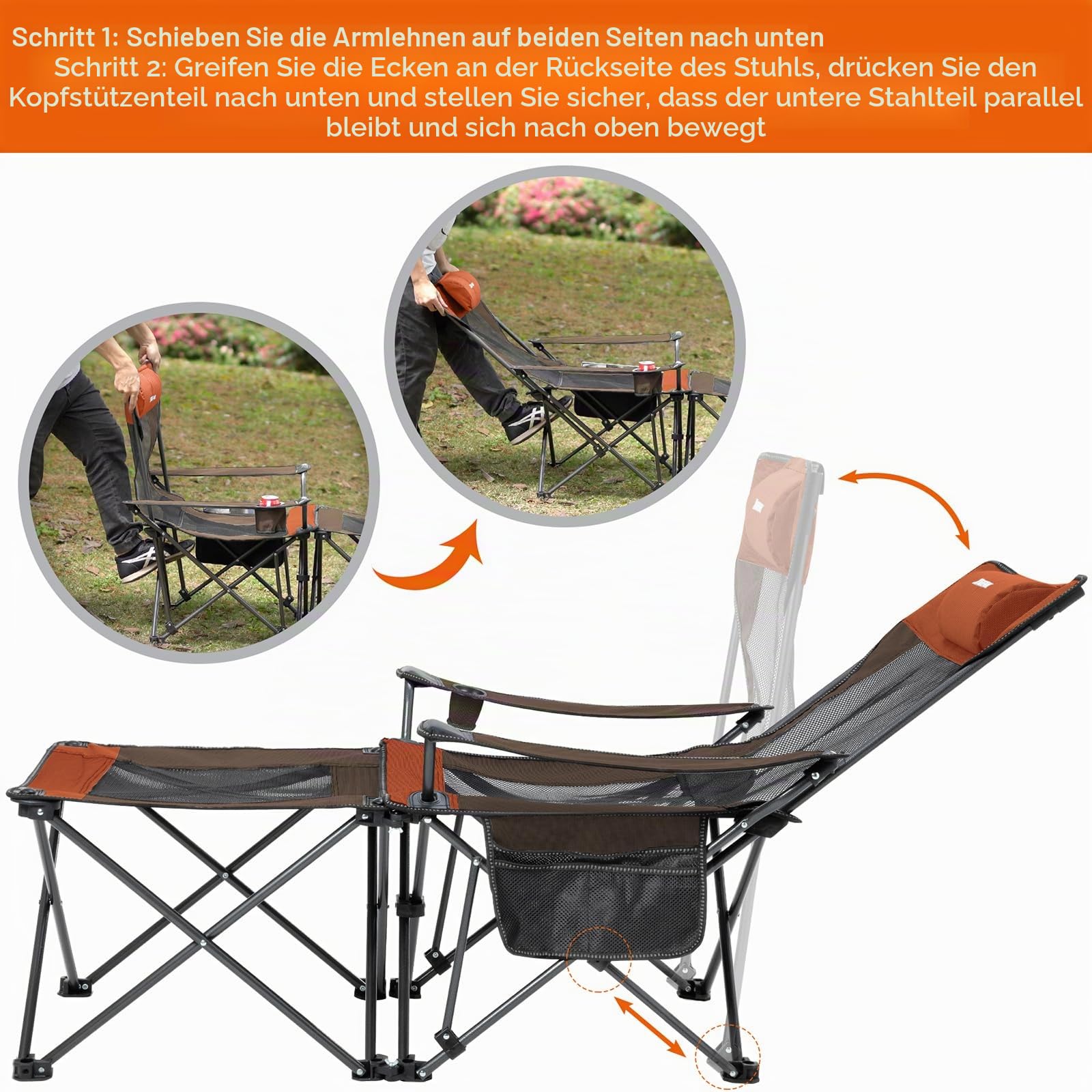 2in1 Faltbarer Liegestuhl mit Getränkehalter & Tragetasche für Camping | Sitz/Liege, verstellbare Lehne, Fußstütze abnehmbar, Getränkehalter, Tasche, Stahlrahmen, 136kg, für Strand Angeln Picknick