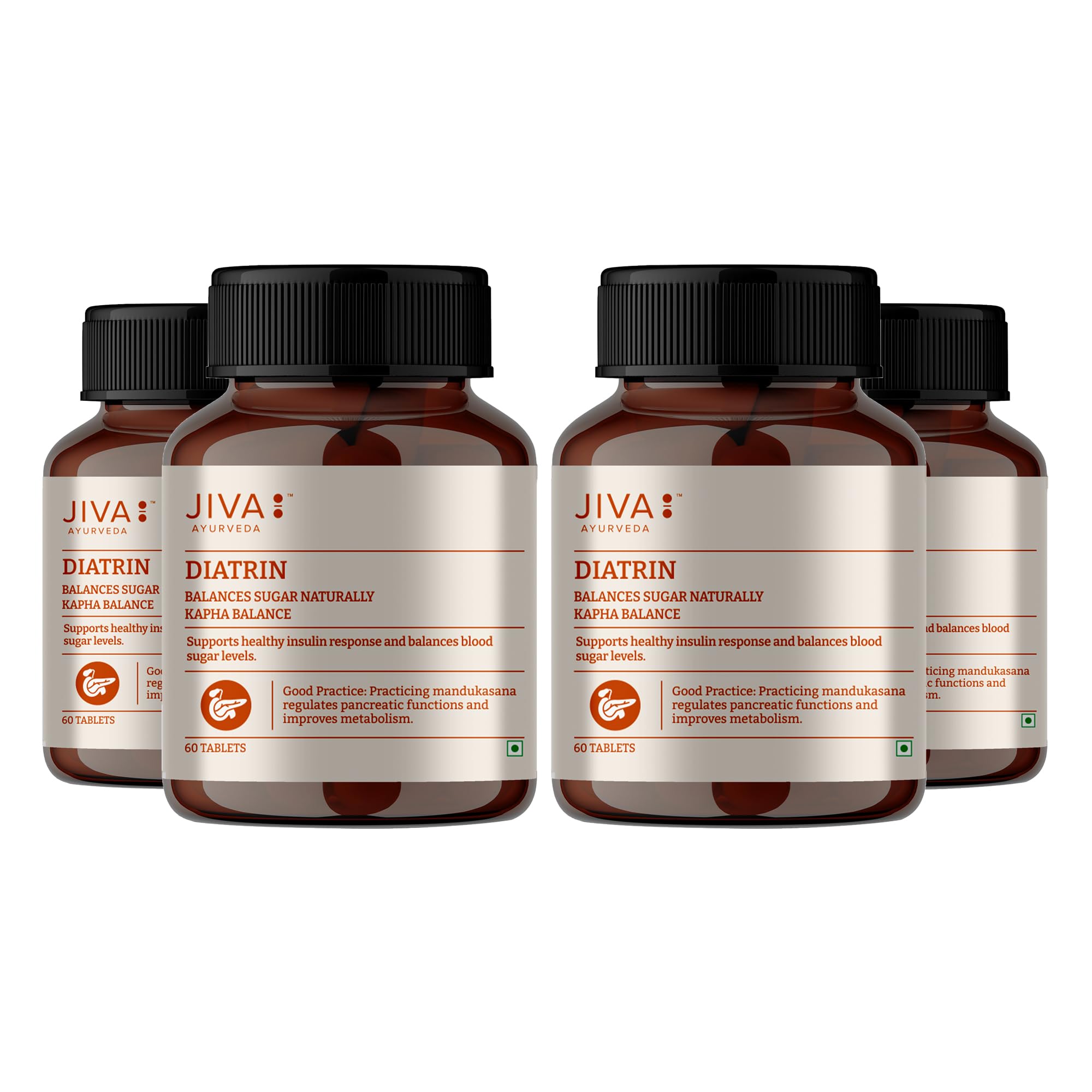 Jiva Diatrin Tablets 500mg | 100% Ayurvedic Formulation | Manages Blood Sugar Levels, Improves Metabolism & Strengthens the Pancreas | Balances Tri-Dosha- 60 Tablets (Pack of 4)