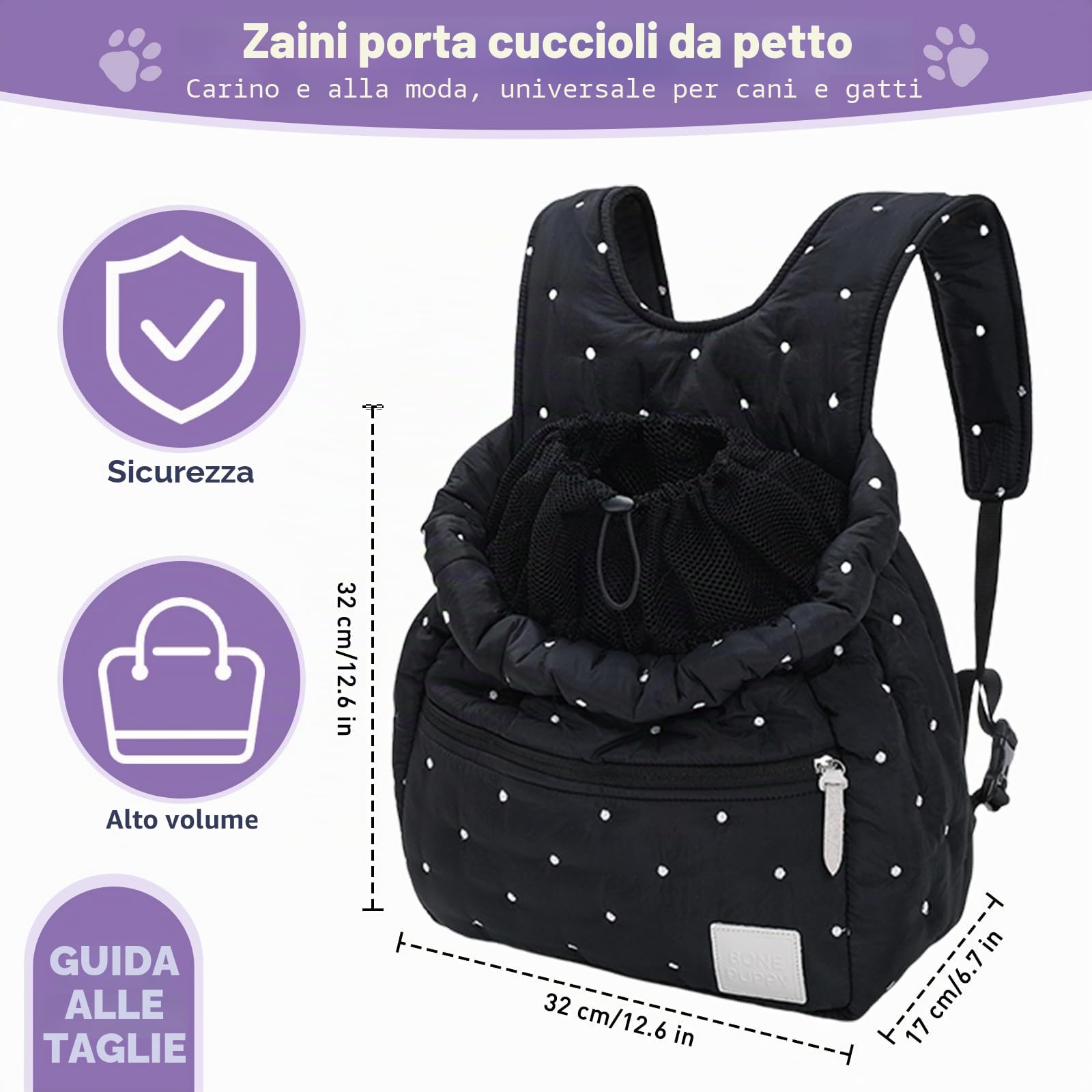 Zaino da viaggio per cuccioli, regolabile con coulisse traspirante, design a testa fuori per escursioni fino a 6 kg di animali domestici (nero)