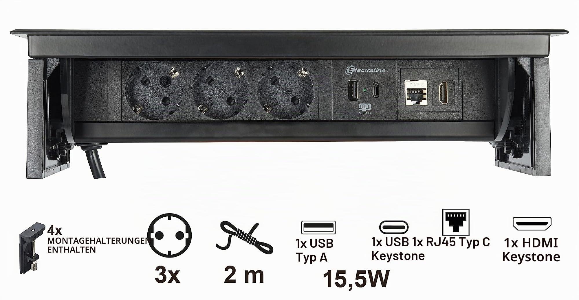 Electraline 62577 Mehrfachsteckdose Pop-up für Schreibtisch/Tisch Unterputzdose 3 Schuko-Steckdosen + 2 USB 3.1 A (1 Typ A + 1 Typ C) 15,5 W + 1 HDMI-Steckdose + 1 RJ45 Stecker Kabel 2M