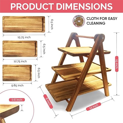 Miniatura 2 de Bandeja de madera de acacia duradera con paño para una fácil limpieza, bandeja de servir de 3 niveles, tablas de embutidos, tabla de carne y queso