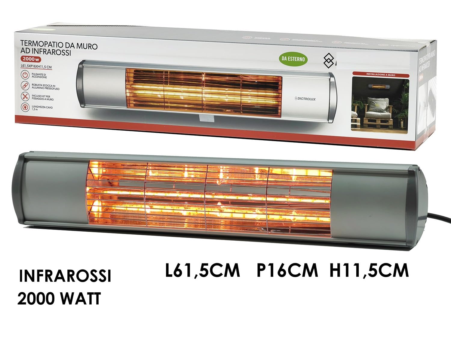 Termopatio da muro infrarossi 2000W per esterno Riscaldatore elettrico da parete in alluminio Riscaldamento immediato per terrazze, balconi e verande Stufa a infrarossi Calore immediato e sicuro
