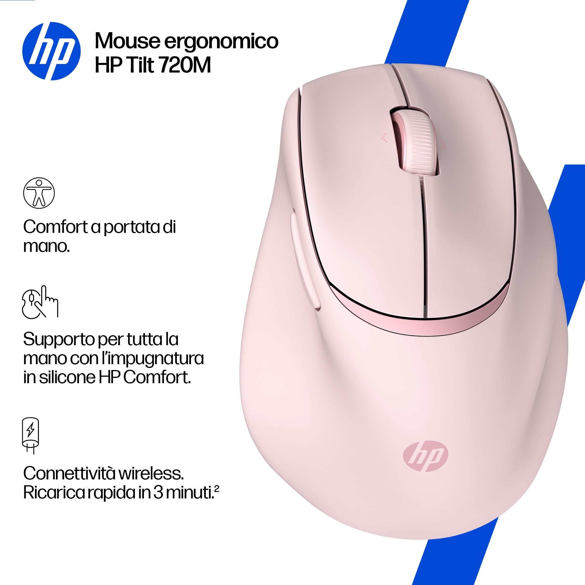 HP Tilt 720M, Mouse Wireless Ergonomico, Bluetooth, Rosa | Inclinazione Semi-Verticale a 21°, Ricarica Rapida, Windows, macOS, ChromeOS, iPadOS, Android