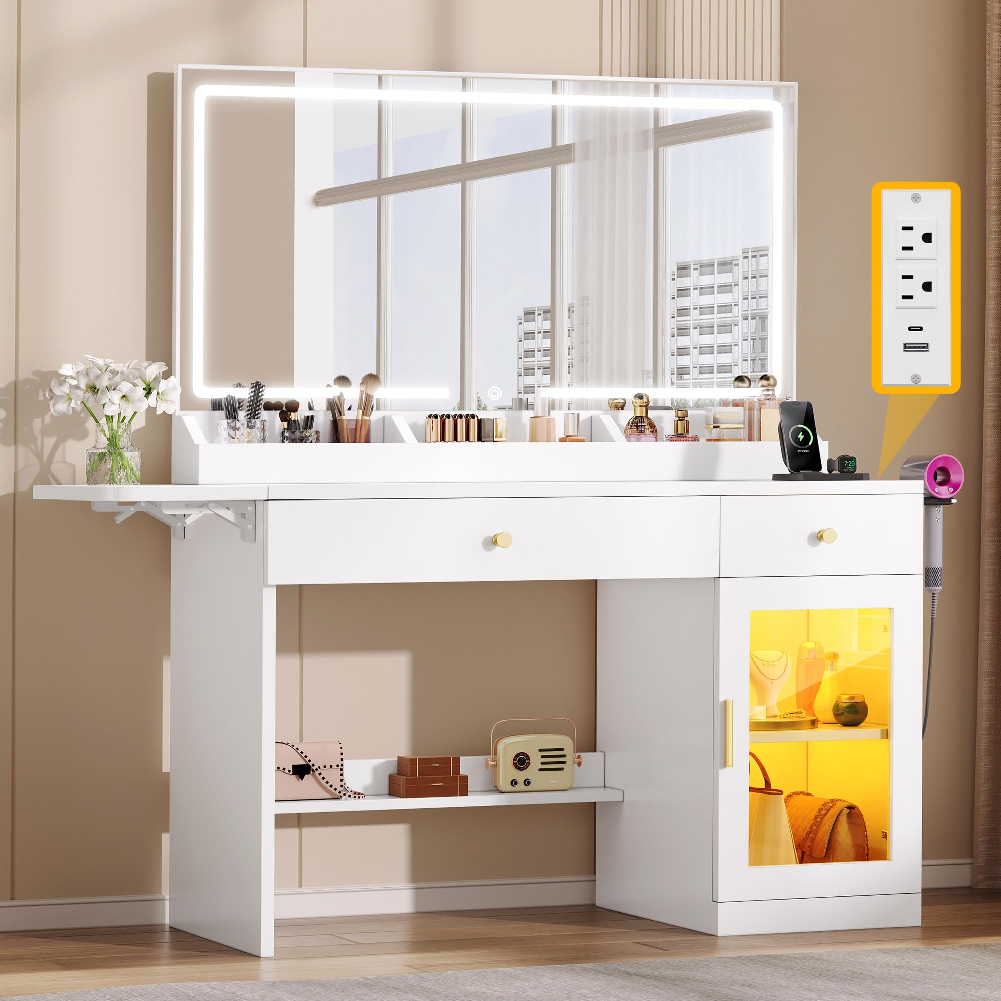 yitahome vanity desk with mirror and lights, rgb cabinet, extral foldable desk, makeup desk with large mirror and power outlets, vanity table set bedroom, dressing room, white