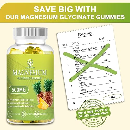 Miniatura 6 de Gomitas de glicinato de magnesio de 500 mg, suplemento de magnesio y potasio sin azúcar con vitamina D, B6, CoQ10 para un estado de ánimo tranquilo