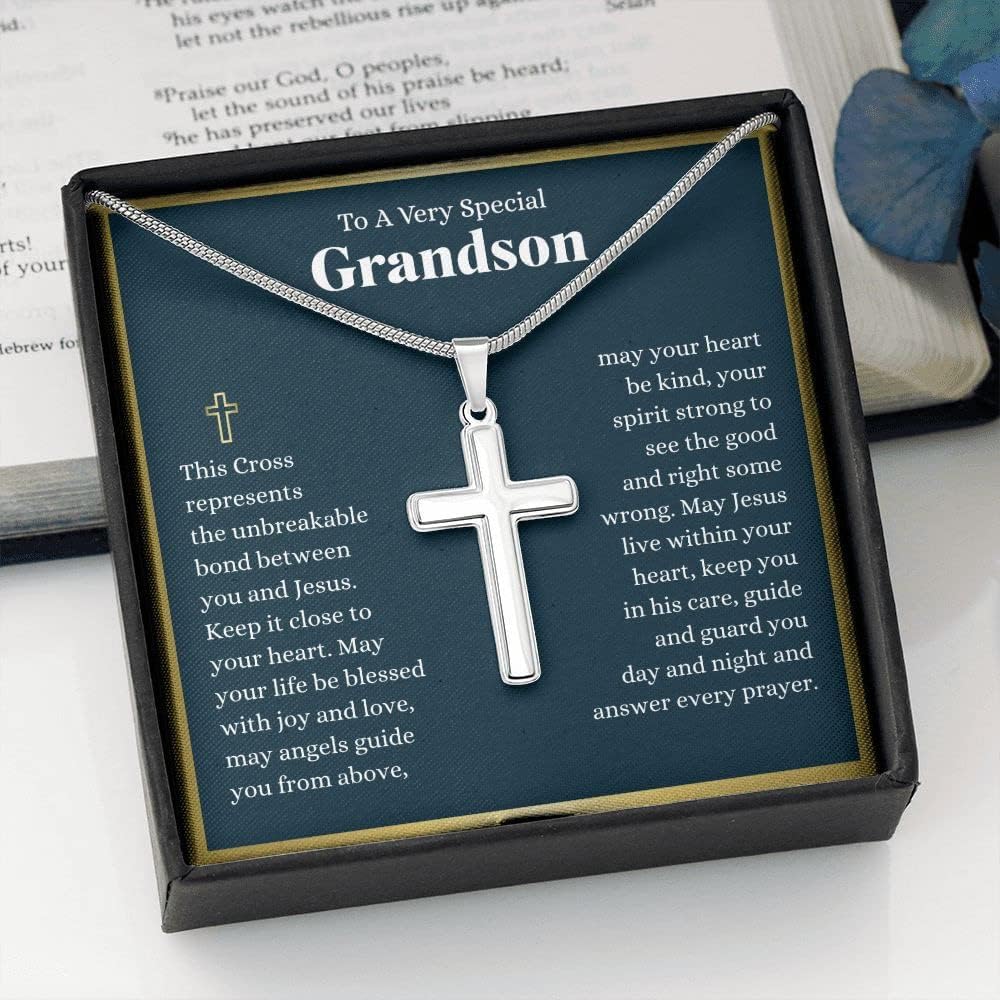With Love & Co Grandson Cross Necklace, 1st Holy Communion Gift Cross Necklace, First Communion Gifts, Confirmation Gifts, Birthday, Baptism, Catholic, Teen