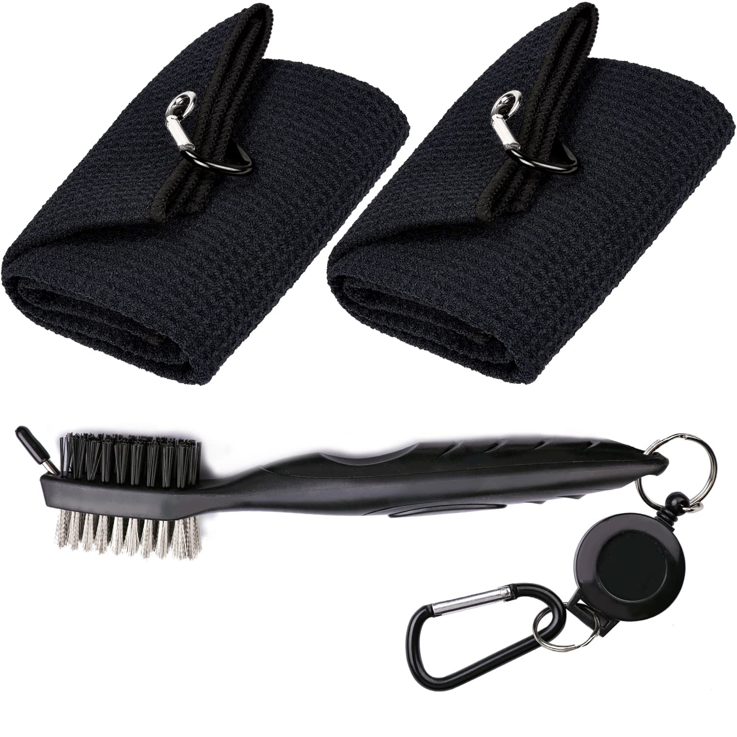 Aebor Golf Towels, Microfiber Waffle Pattern Tri-fold Golf Towel - Brush Tool Kit with Club Groove Cleaner, with Clip Men Women Golf Gifts (2 Black