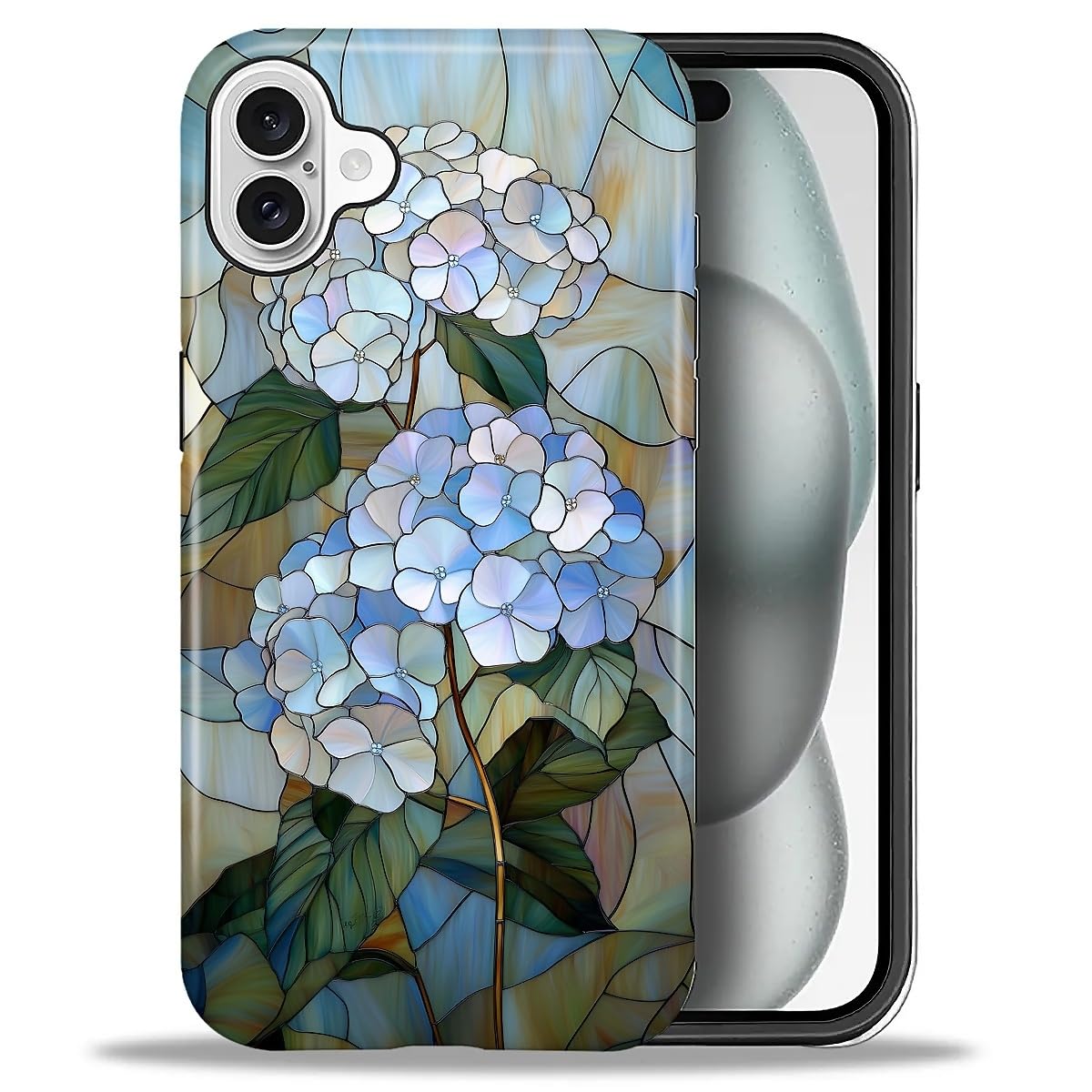 ZHEGAILIAN Case for iPhone 16,Shockproof Hard Shell + Soft Silicone 2 in 1 Hybrid,Shockproof Bumper Drop Protective - Blue Hydrangea Stained Glass