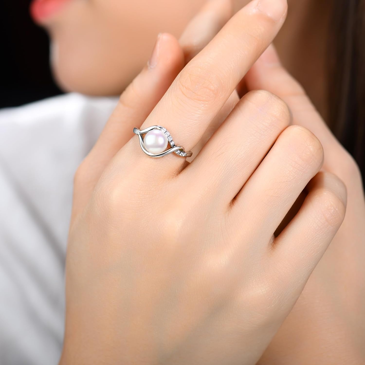 JO WISDOM Pearl Ring,925 Sterling Silver Infinity Cubic Zirconia Women's Rings with 8mm Simulated Mother's of Pearls