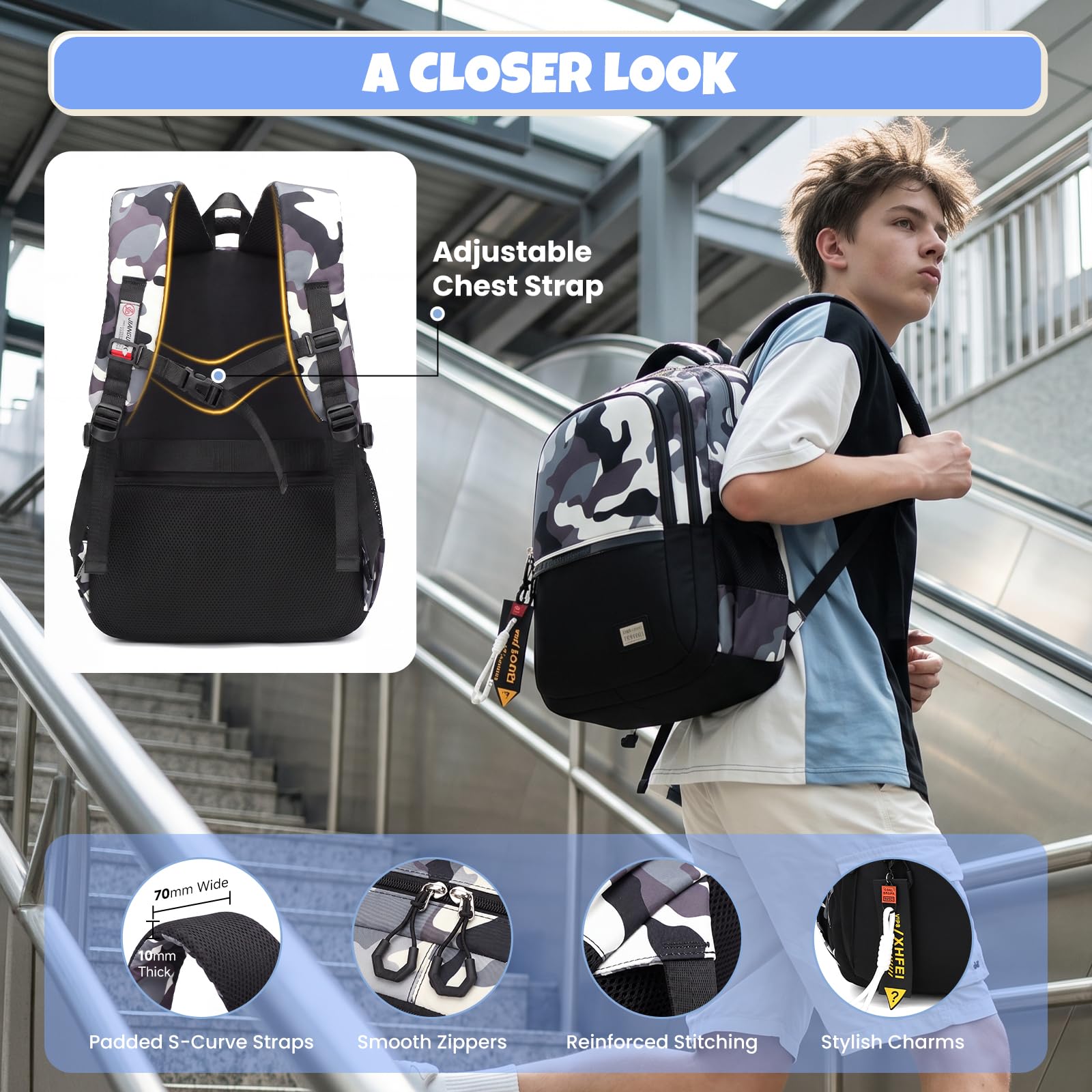 Amythe Schulrucksack-Set Jungen – 3-teilig ab Klasse 5, zum Schulanfang | Set: Rucksack Teenager + Drawstring-Bag + Federmäppchen. Leicht (650g). Wasserabweisend. 15,6" Laptopfach. Trolley-kompatibel