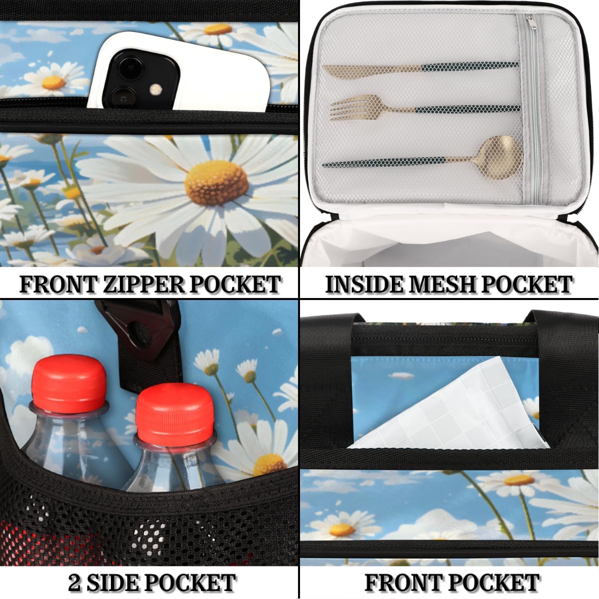 Daisy Insulated Picnic Backpack Lunch Box for Women Men Picnic Basket Tote Lunch Bag Picnic Bag Portable Lunch Bags for Picnic, Beach, Work, Trip,Office, Camp Honeybee Daisy