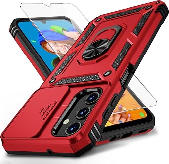 Vinve for Samsung Galaxy A25 5G Case with Slide Lens Cover, HD Screen Protector, Military Grade Drop Protection, Magnetic Rotated Ring Holder Kickstand Phone Case for Samsung Galaxy A25 5G,Red