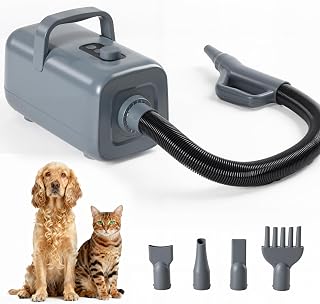 Dog Hair Dryer, Grooming Heat 1550W High Velocity Pet Blow Dryer, Speed Temperature Adjustable Dog Blower Grooming Dryer with 4 Nozzles