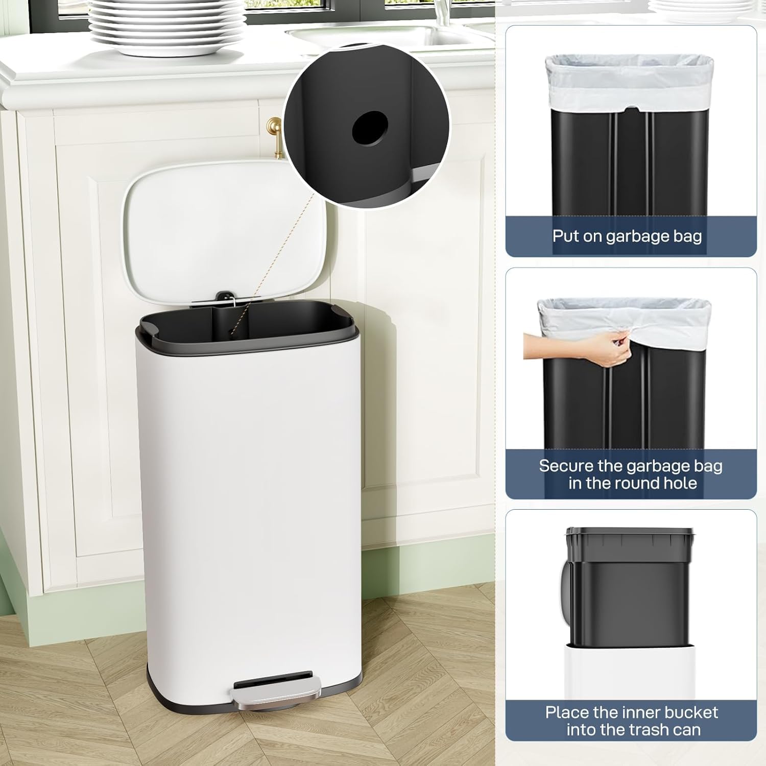 Clevich Cubo de basura de acero de 30 L, con tapa de cierre suave, peda, cubo interior extraíble de plástico, para cocina, baño, oficina, color blanco