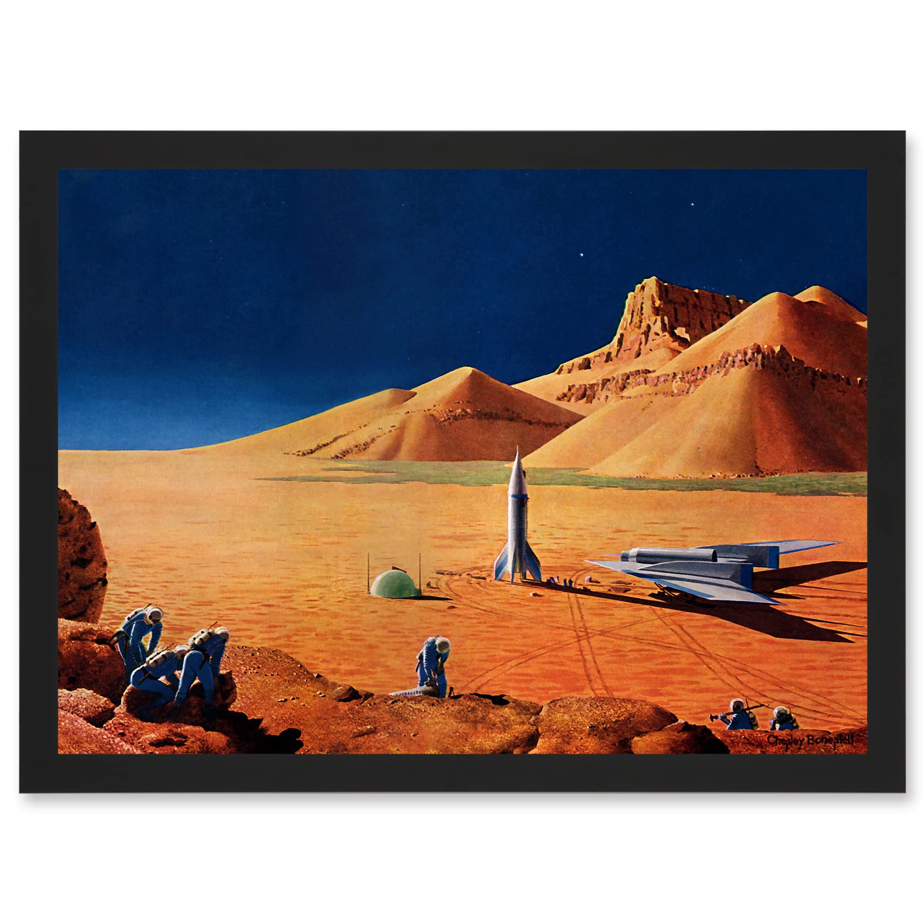 Artery8 Science Fiction Landscape Desert Space Ship Rocket Plane Mars Sci-Fi A4 Artwork Framed Wall Art Print