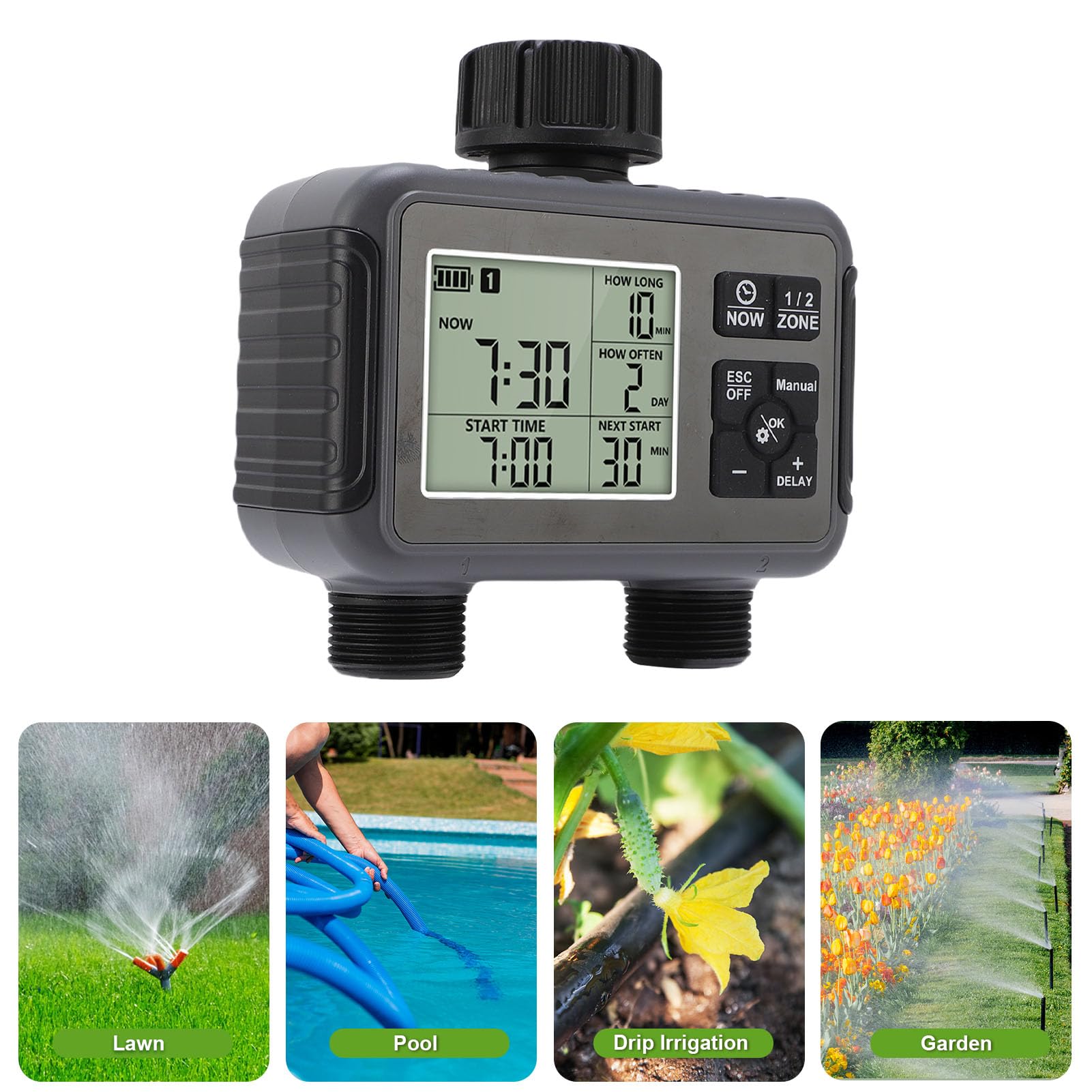 Timer per Irrigatore, Timer per Tubo dell'acqua a 2 Zone da Esterno con Display LCD e Temporizzazione Intelligente, Controller di Irrigazione del di Irrigazione Automatico per Prato e
