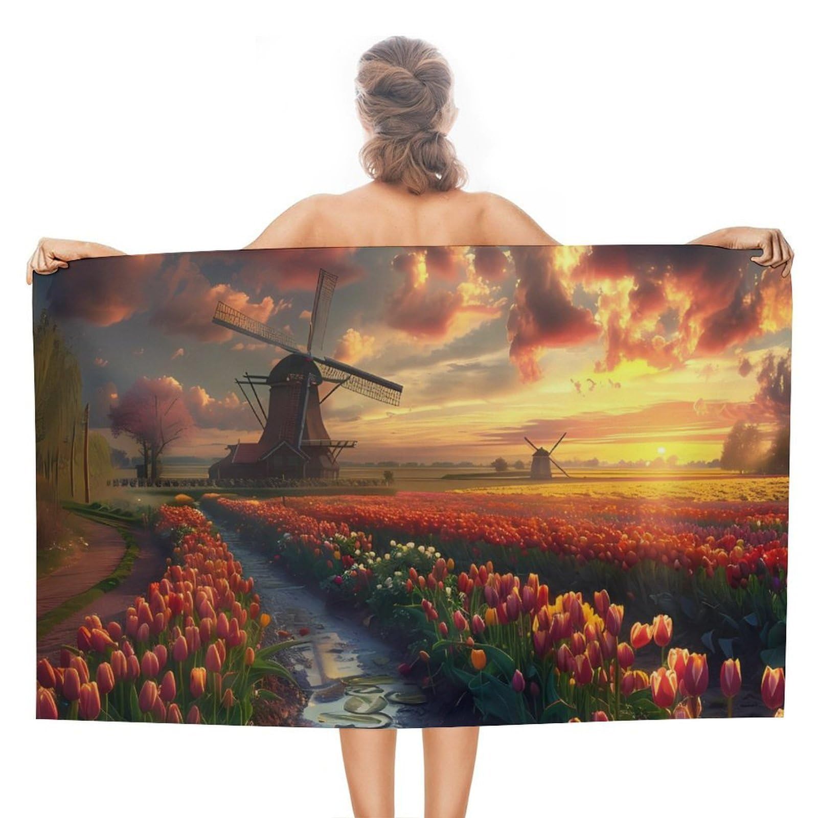 CGSBNGHA Vibrant Tulips Field with Dutch Windmills Beach Towels Soft Bathroom Bath Pool Swim Towels for Women Men