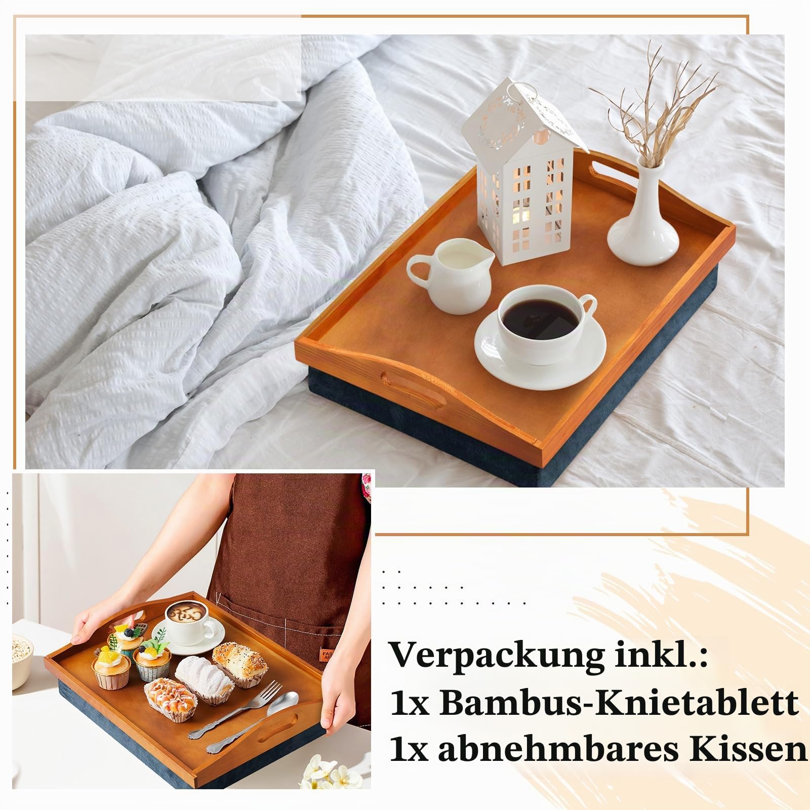 Tioncy Knietablett aus Bambus mit abnehmbarem Kissen, 42 x 33 cm, Knietablett mit Griffen, für Erwachsene, zum Essen in Liege, Frühstück, Einweihungsgeschenk, Vintage-Braun, 1 Stück