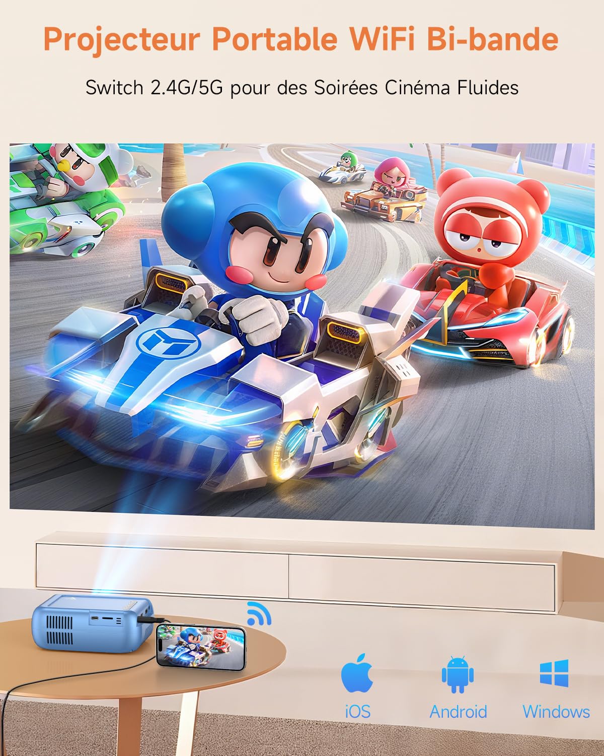 Mini Projecteur Video 4K 1080P Supporte, Videoprojecteur Portable avec WiFi et Bluetooth 5.4, Projecteurs Vidéo avec Haut-Parleur pour Téléphone/HDMI/USB/Clé TV(Bleu argenté)
