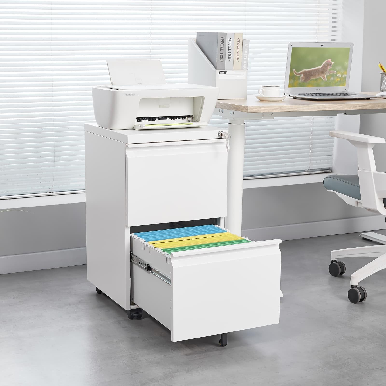 PUGSDRLY Armoire Bureau avec 2 Tiroirs pour Dossiers légaux/Lettres/A4,Caisson Bureau Mobiles avec Rangement,Armoire Metallique,Classeur Polyvalent,Design 5 Roues Anti-basculement (Blanc-C)