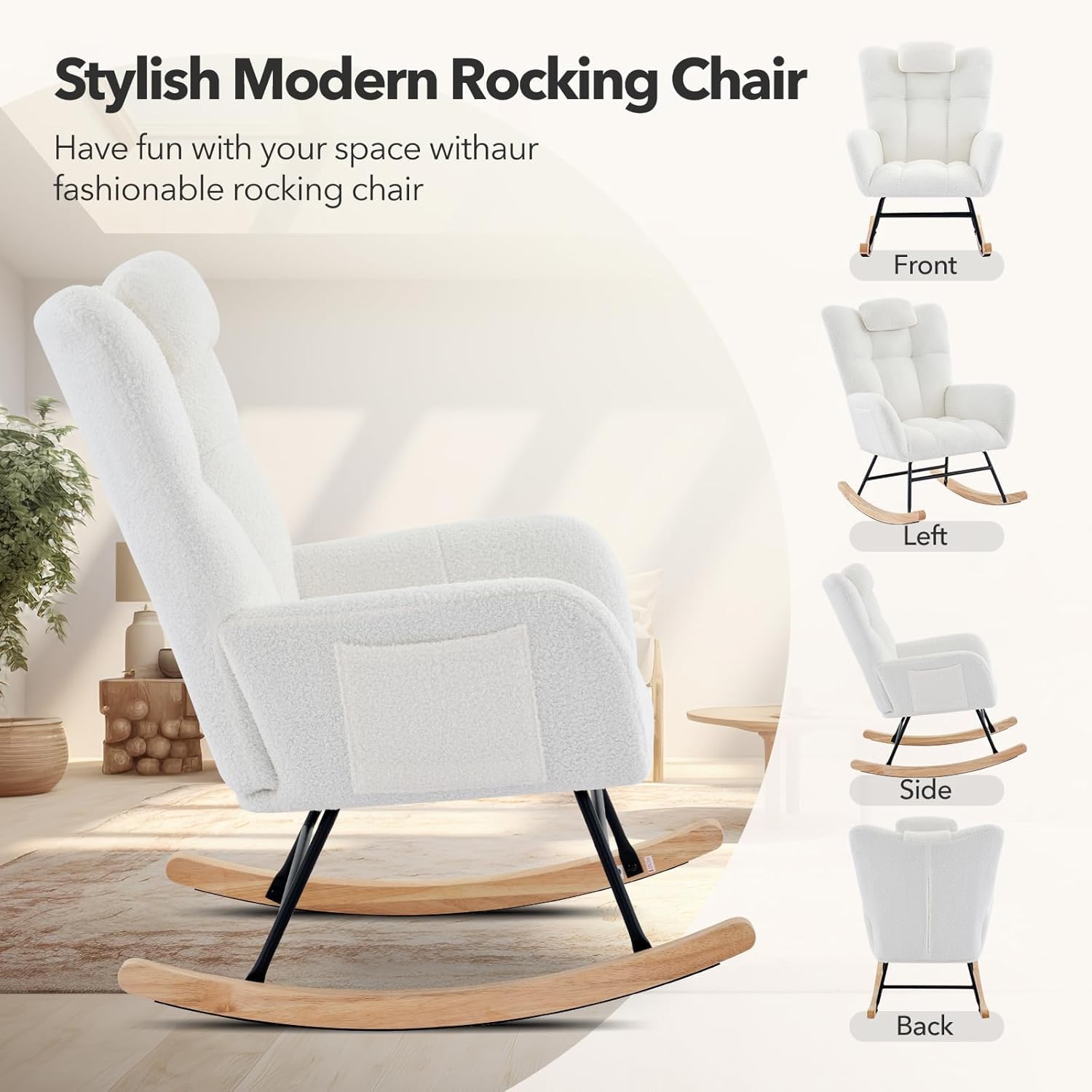 mecedora, Rocking Chair, Recubrimiento Bouclette, Sillón Lactancia, Silla mecedora, Estructura de acero, Patas de madera maciza, Beige, 68,3 x 92 x 91 cm, con Almohada