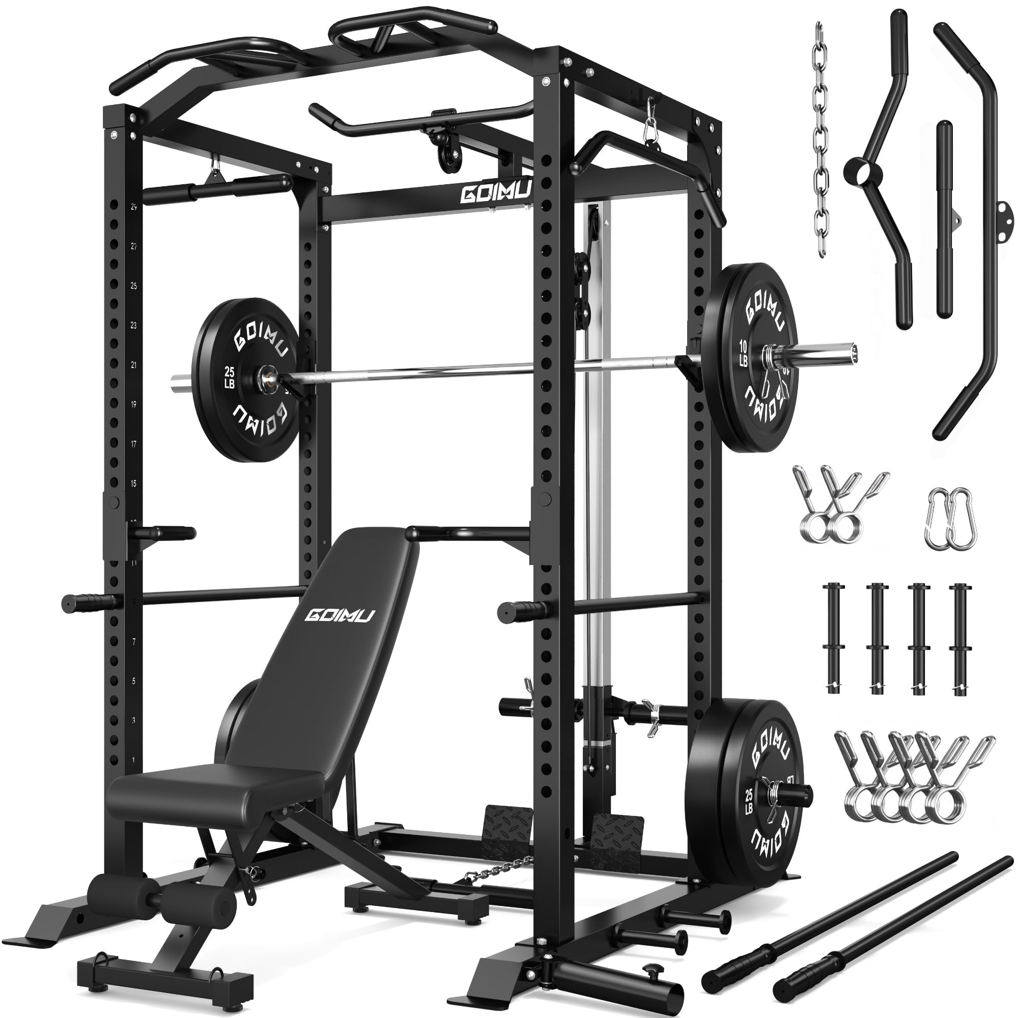 C1-V4 Power Cage, 2000LBS Squat Rack with LAT Pulldown, Multi-Function Weight Cage Strength Training Machine, Workout Cage with More Attachments for Home Gym Garage