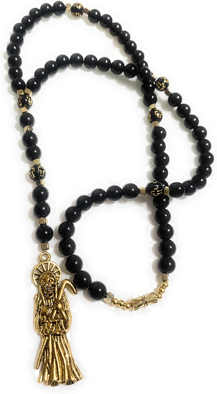Acrylic Holy death's necklace, rosary style. Collar de la Santa Muerte de acrilico estilo rosario. Grim reaper Y style necklace. - Image 7